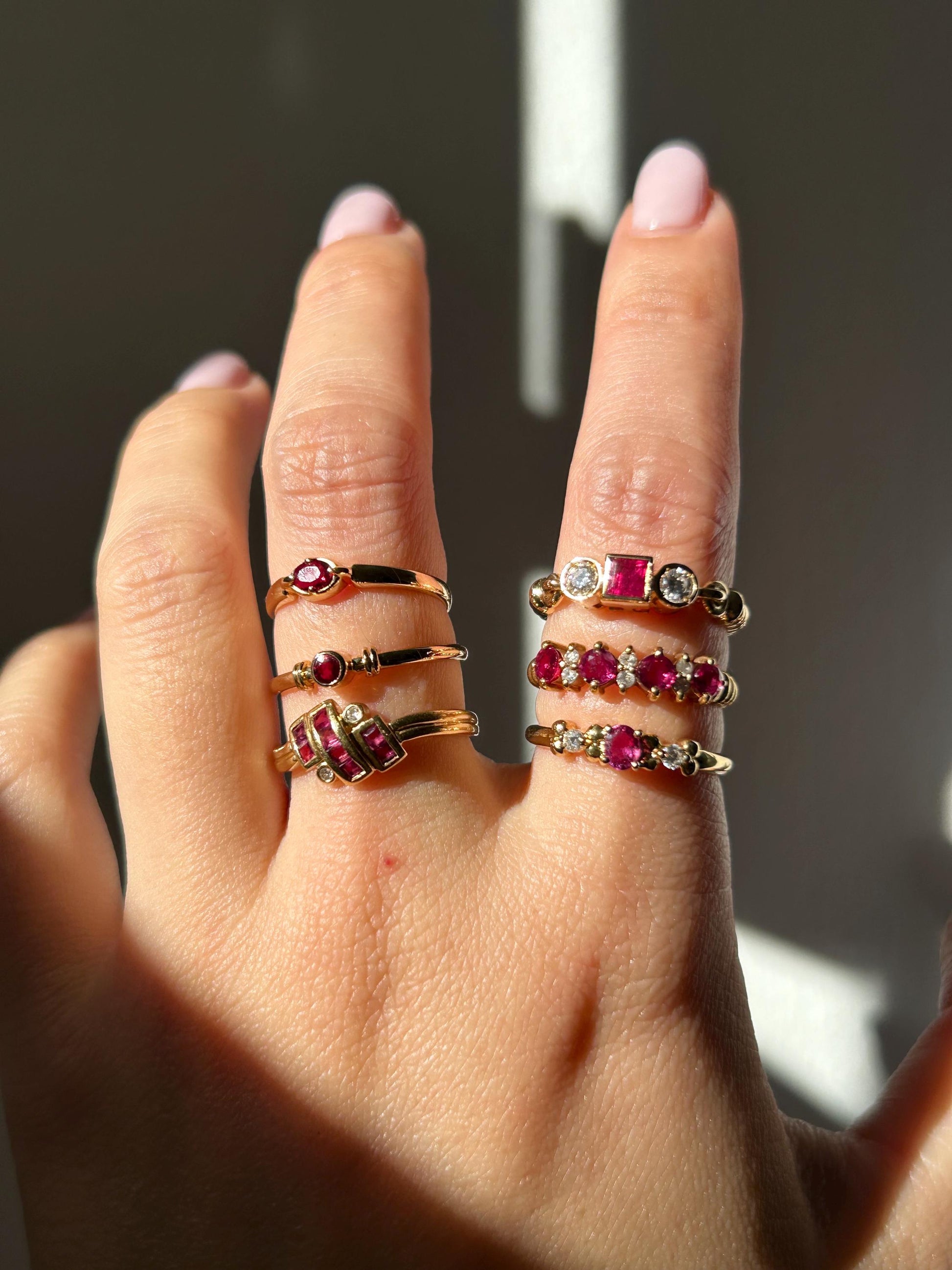 Vintage 18k 50-60’s Art Deco revival zig zag geometric ring with ruby and diamonds.