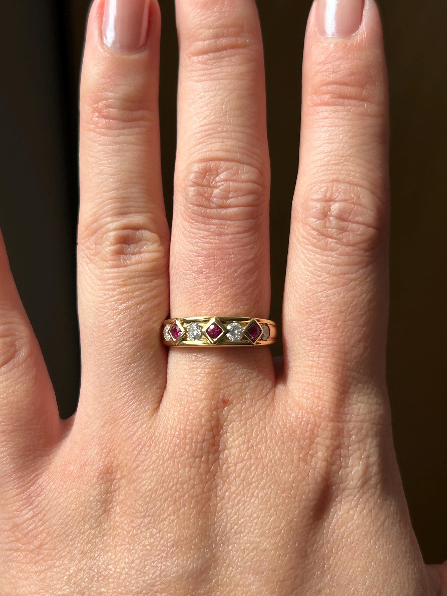 Vintage 18k 50-60’s Art Deco revival geometric ruby and diamond ring