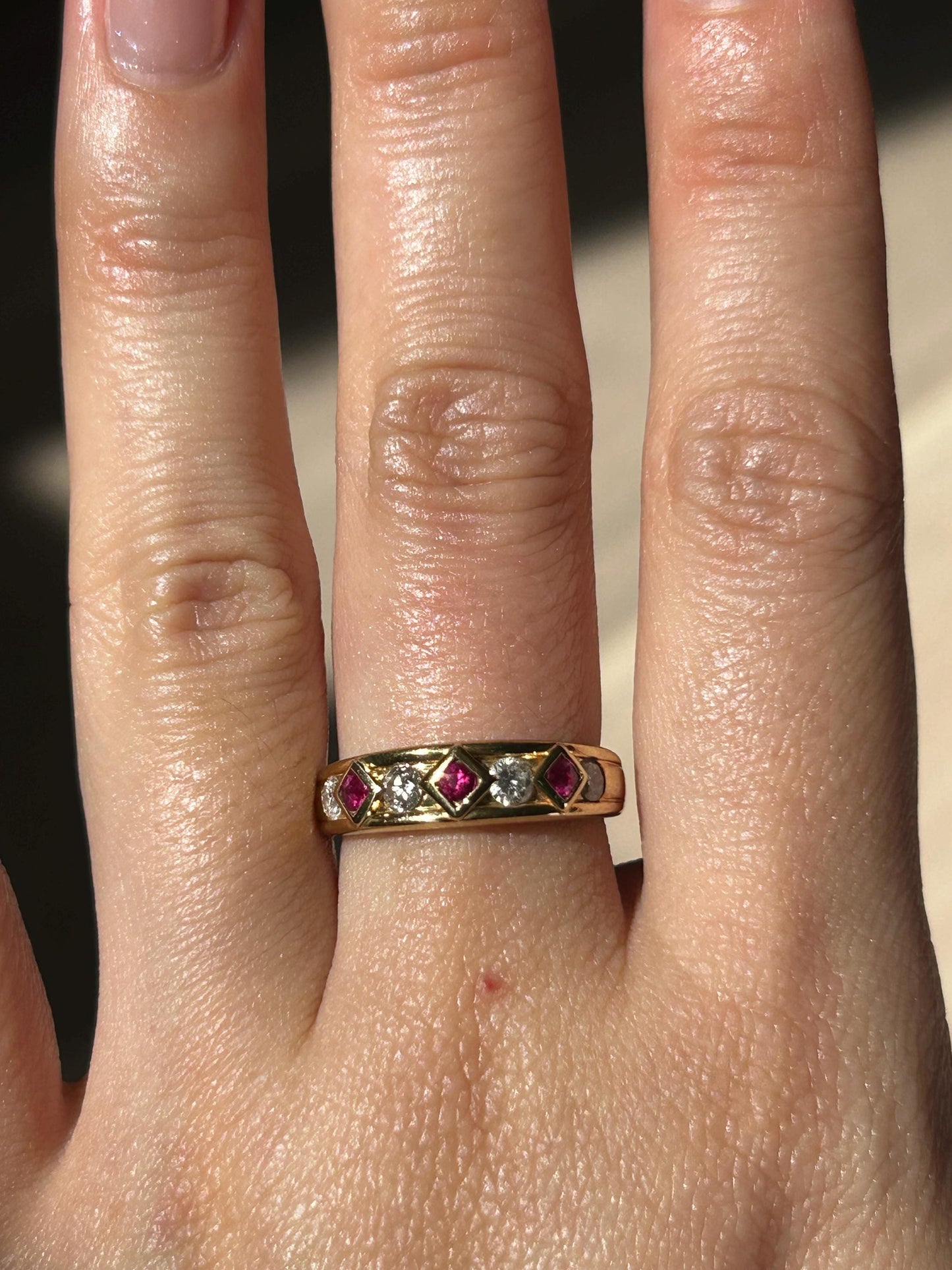 Vintage 18k 50-60’s Art Deco revival geometric ruby and diamond ring