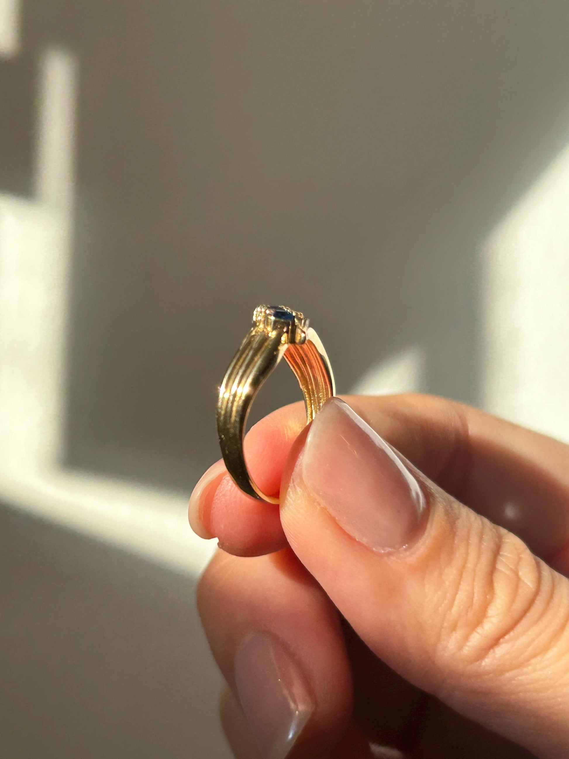 Vintage 18k Gold Sapphire and Diamond Diagonal Ring: Stacking Ring, September Birthstone, US Size 4.75