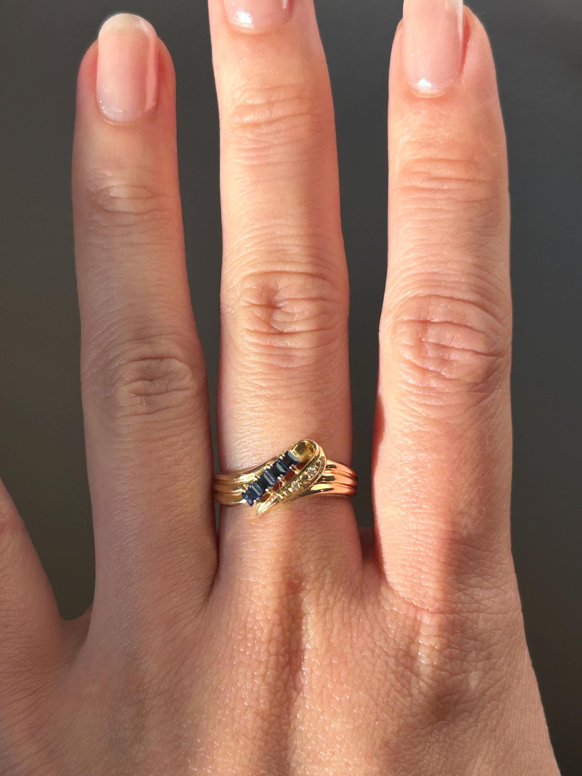 Vintage 18k Gold Sapphire and Diamond Diagonal Ring: Stacking Ring, September Birthstone, US Size 4.75