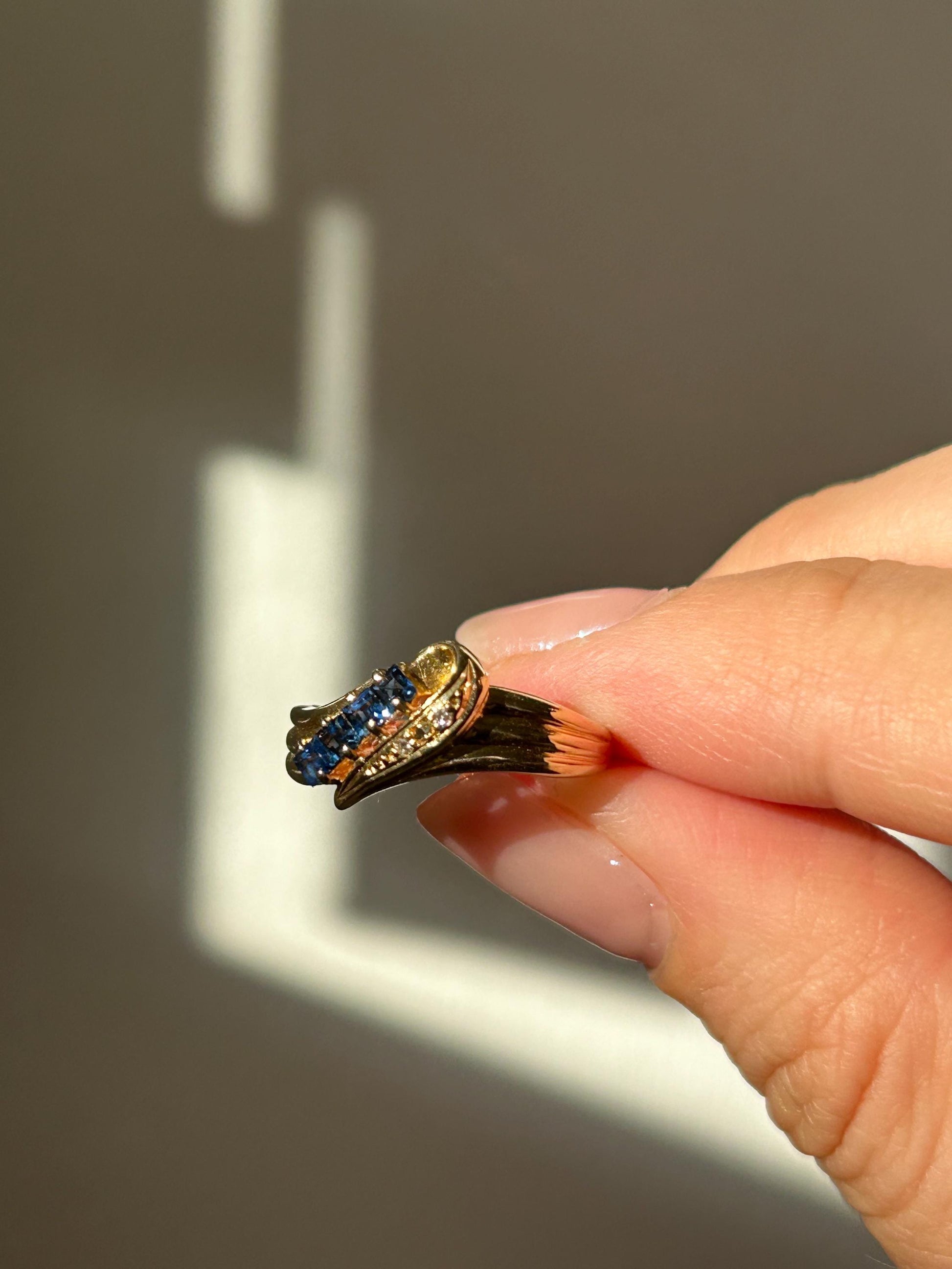 Vintage 18k Gold Sapphire and Diamond Diagonal Ring: Stacking Ring, September Birthstone, US Size 4.75
