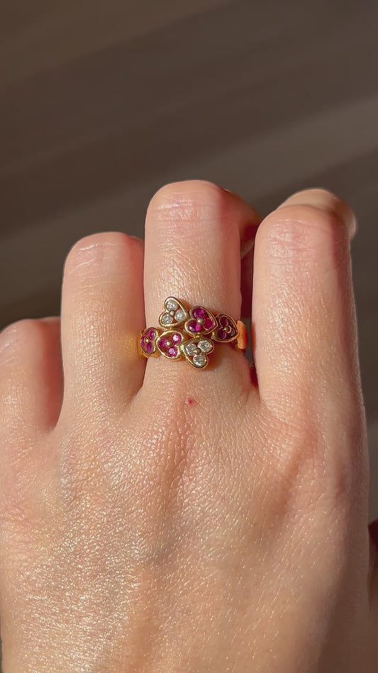 Vintage 18k Heart Bypass Ring: Rubies and Diamonds, US Size 6