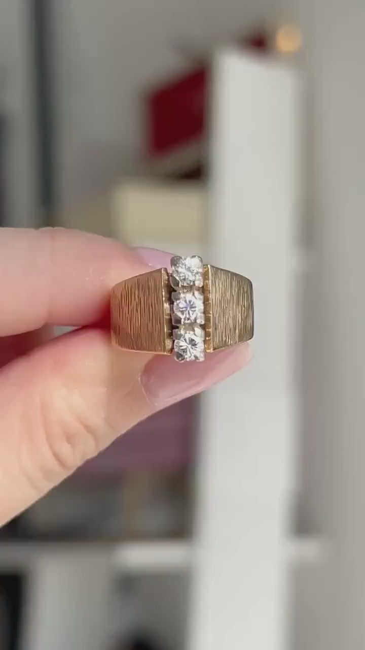 Vintage 14k Yellow Gold Diamond Ring: Vertical Modernist Design, Size 5.5