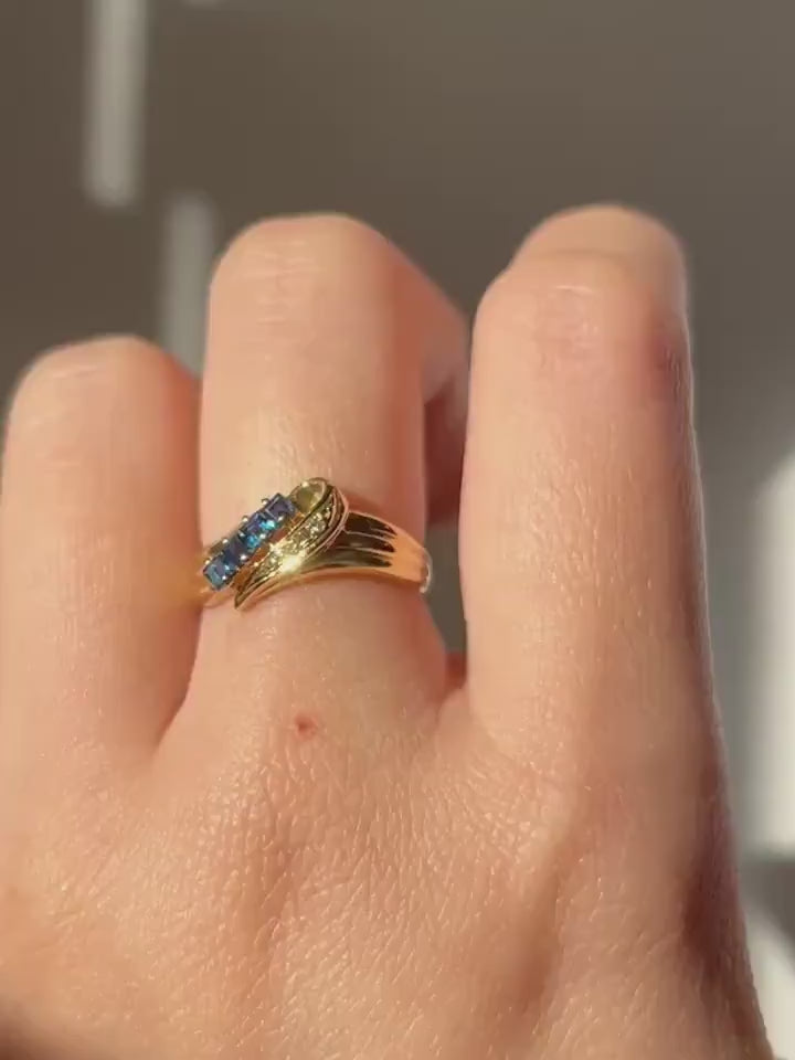 Vintage 18k Gold Sapphire and Diamond Diagonal Ring: Stacking Ring, September Birthstone, US Size 4.75
