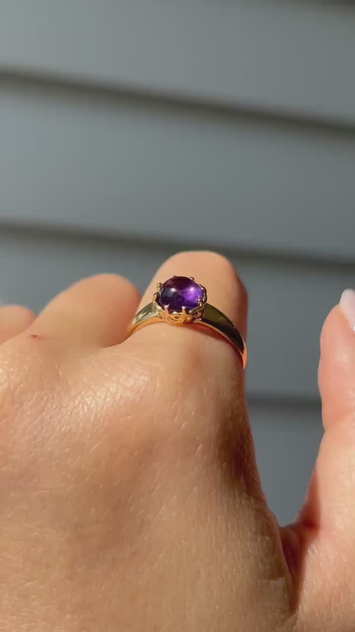 Vintage 18k Solid Yellow Gold Purple Amethyst Cabochon Ring, February Birthstone, Size 7.75