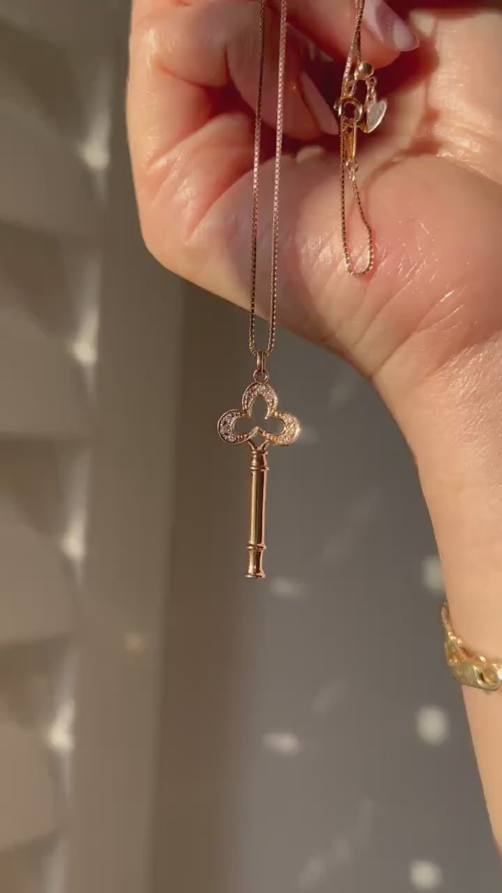 Vintage 18k Rose Gold Diamond Key Pendant Necklace - Adjustable Box Chain
