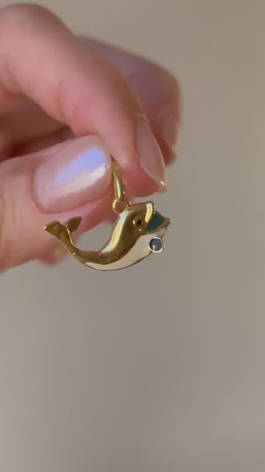 Vintage 18k Yellow Gold Enamel Whale Charm - UnoAErre Italian Design