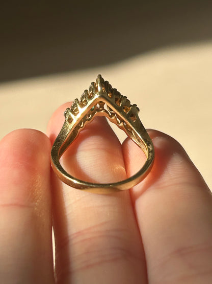 Vintage 18k Emerald Marquise and Diamond Chevron Ring: US Size 6