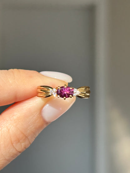 Vintage 18k Gold Rhodolite Garnet Ring with Diamond Accents, by Japanese designer Tasaki