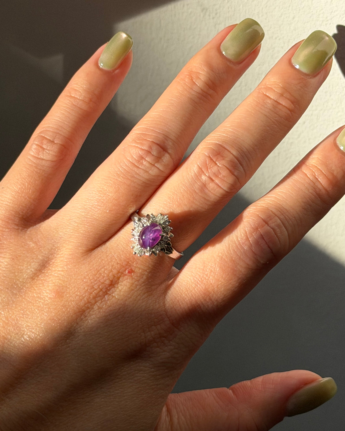 Vintage Platinum Star Sapphire Cabochon Diamond Ballerina Halo Ring