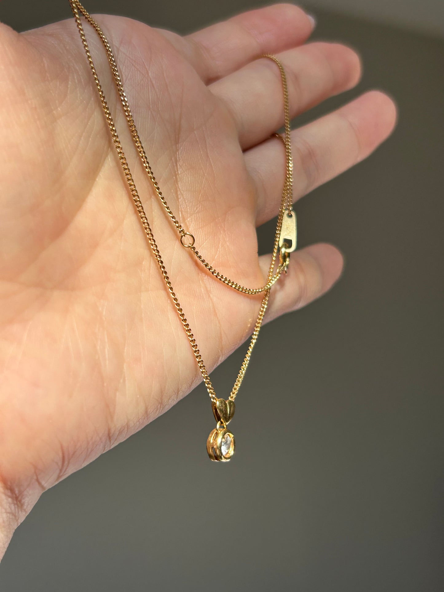 Vintage 18k Gold Bezel Set Diamond Necklace - Heart Bail Detail, Curb Chain