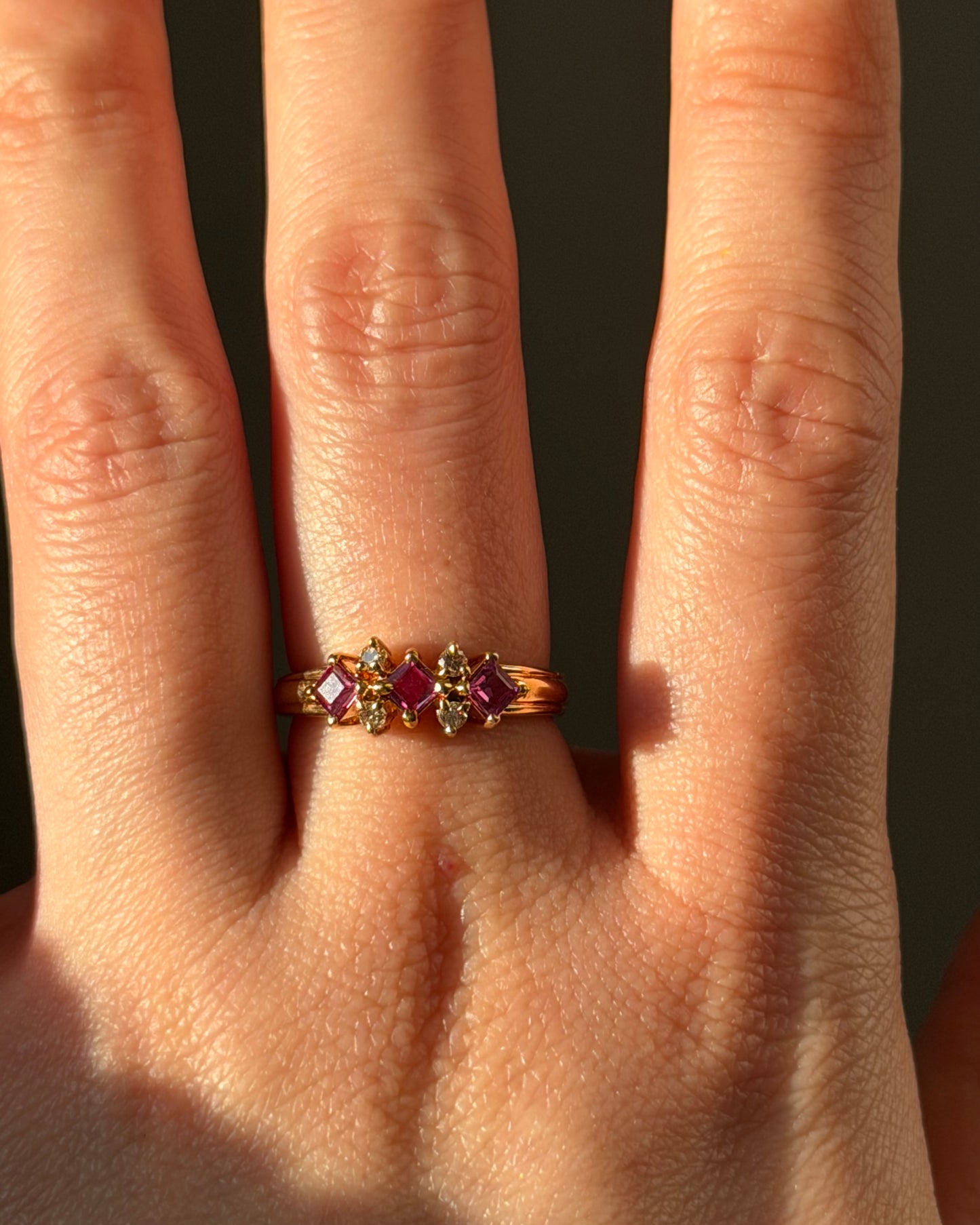 Vintage 18k Gold Square Cut Ruby and Diamond Stacking Ring