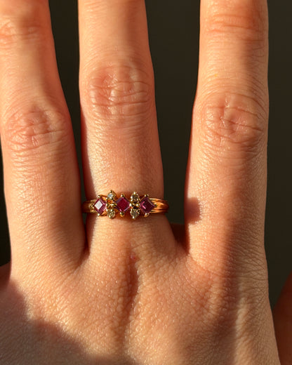 Vintage 18k Gold Square Cut Ruby and Diamond Stacking Ring