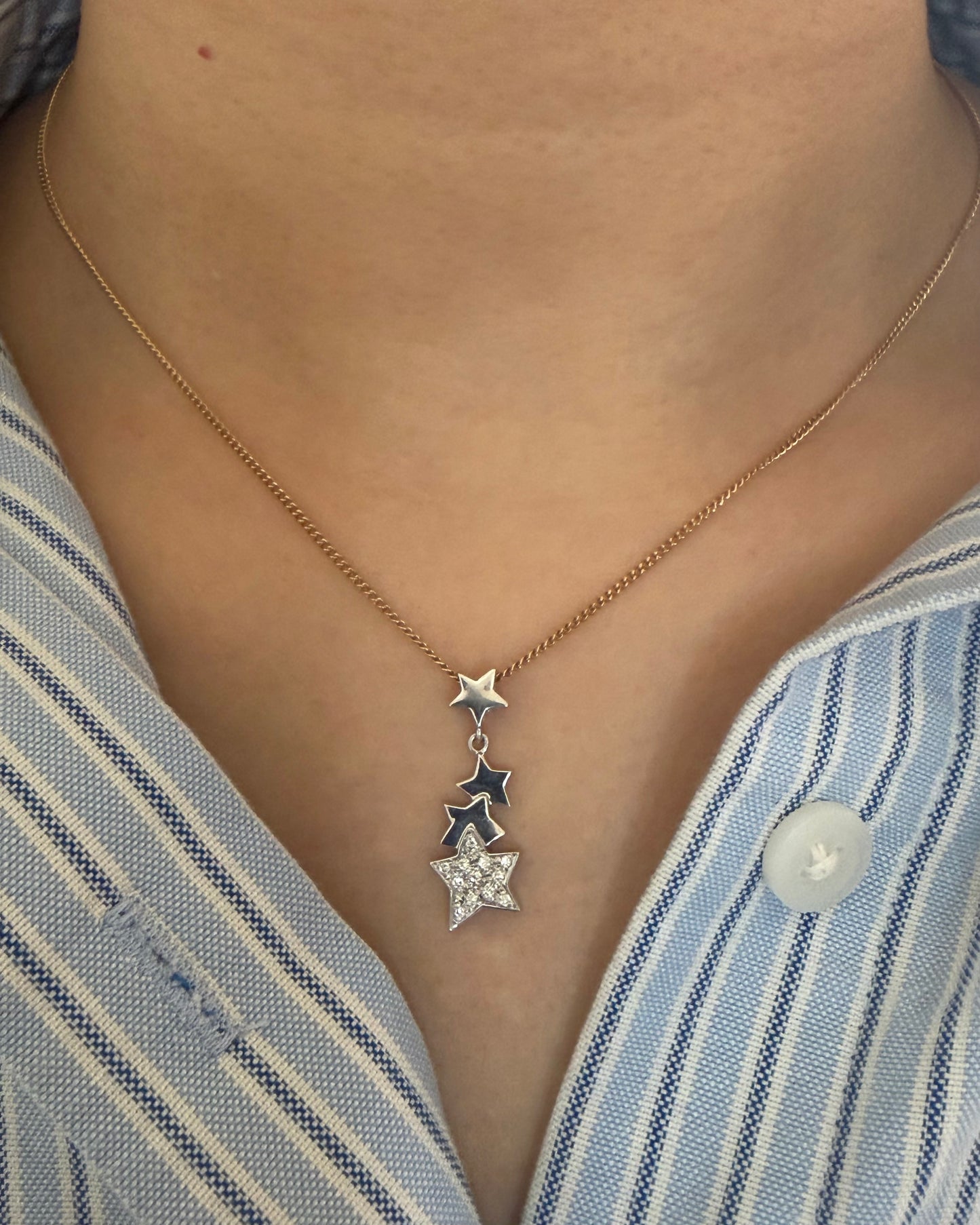 Vintage 18k White Gold Celestial Motif Star Drop Diamond Pave Pendant