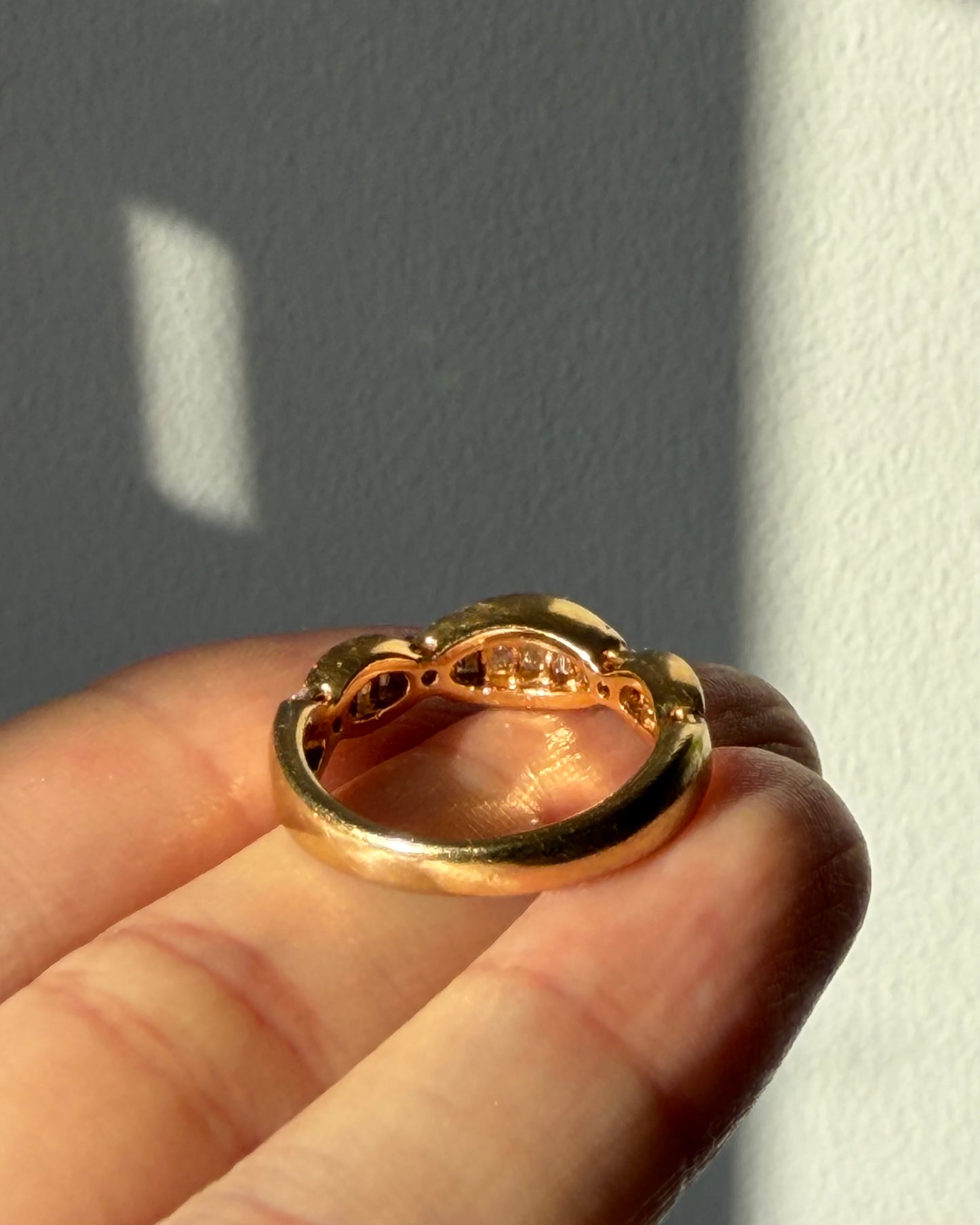 Vintage 18k Gold Scalloped Edge Channel Set Baguette and Round Diamond Ring