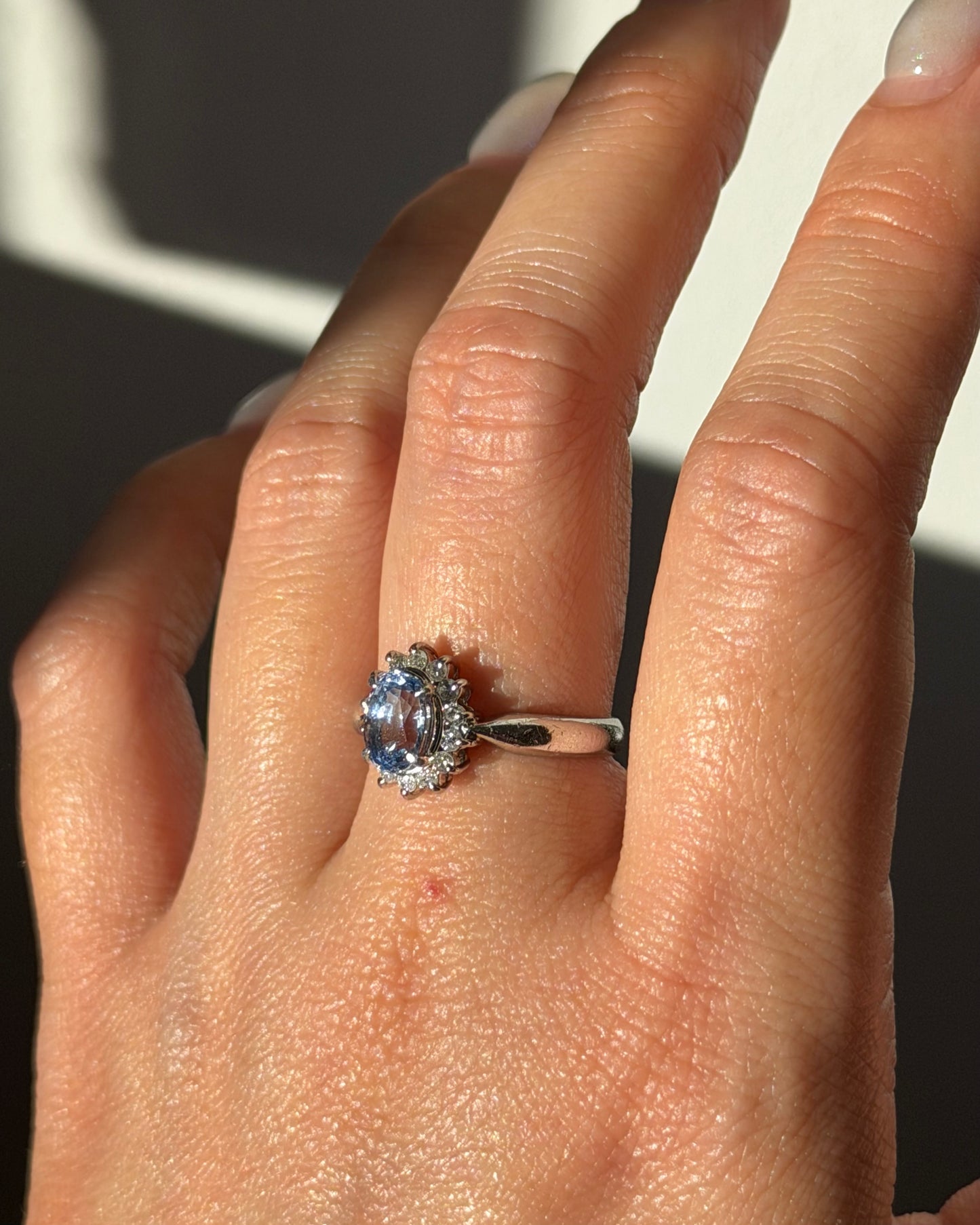Vintage Platinum Icy Light Blue Oval Sapphire With Diamond Halo Ring