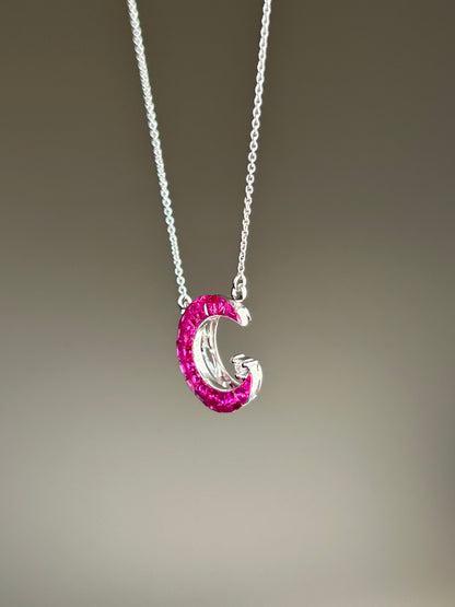 Vintage 18k White Gold Invisible Set Ruby Crescent Pendant Chain