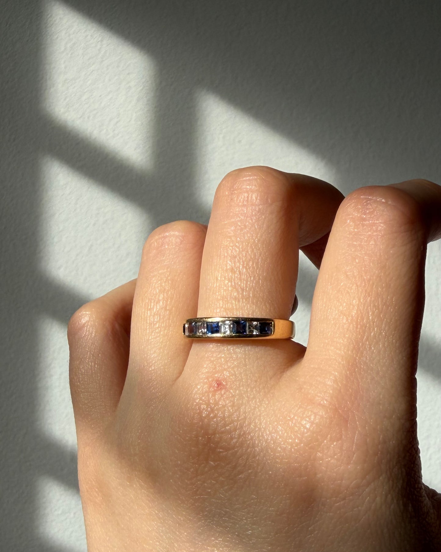 Vintage 18k Gold Step-Cut Square Diamond and Sapphire Channel Set Stackable Ring