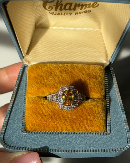 Vintage Platinum Yellow Oval Sapphire Diamond Halo Flower Ring