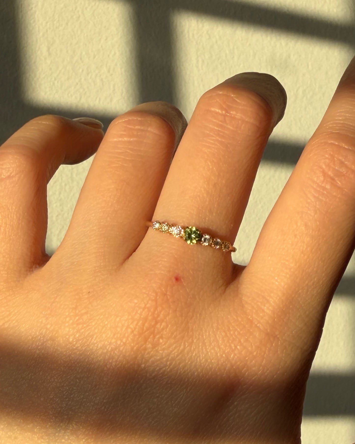 Modern Pre-loved 18k Demantoid Green Garnet and Diamond Ring - Dainty Stacking Band