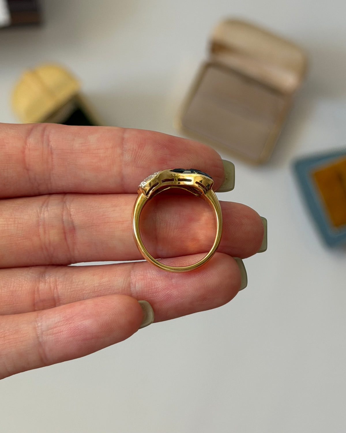 Vintage 18k Gold Invisible Set Sapphire and Pave Diamond Half & Half Bow Ring