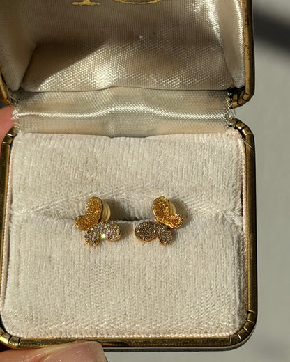 Vintage 18k Gold Pave Diamond Butterfly Stud Earrings