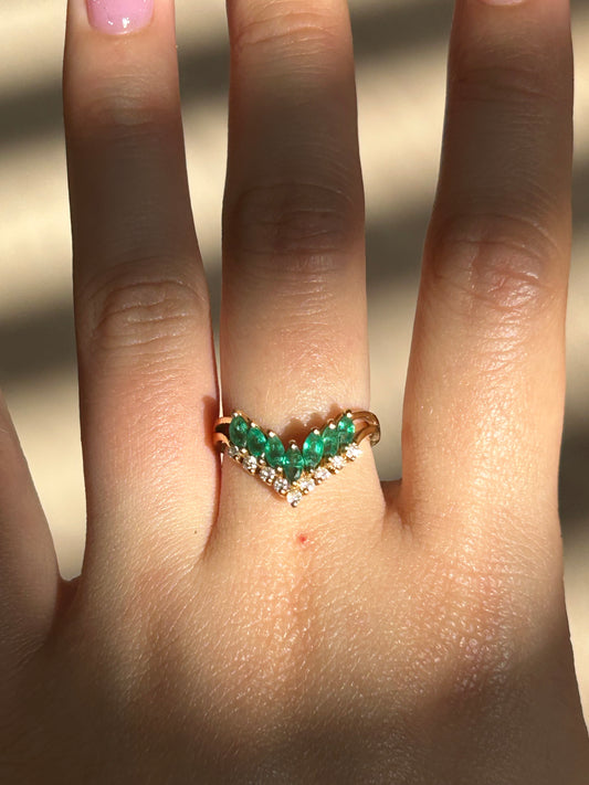 Vintage 18k Emerald Marquise and Diamond Chevron Ring: US Size 6