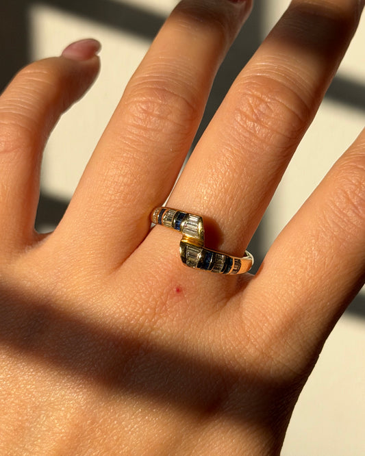 Vintage 18k Gold East-West Baguette Diamond and Sapphire Bypass Ring