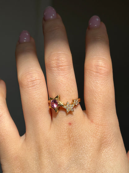 Vintage 18k Gold Pink Sapphire & Diamond Star Celestial Ring - Size 5.25