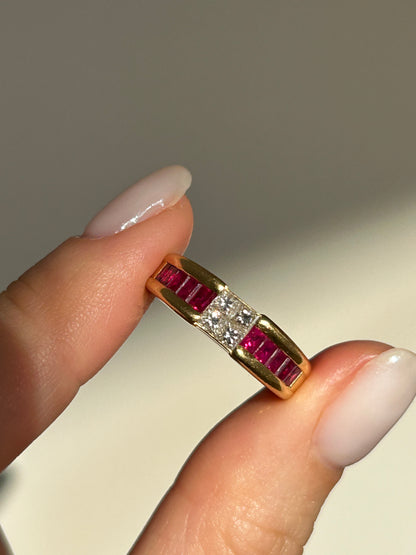 Vintage 18k Gold Center Princess Cut Diamond Ring with Channel Set Baguette Rubies