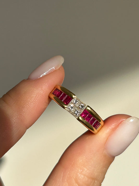 Vintage 18k Gold Center Princess Cut Diamond Ring with Channel Set Baguette Rubies