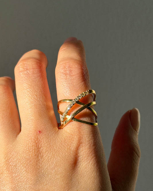 Modern Estate 18k Gold Sculptural Line Statement Diamond Ring