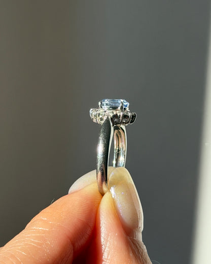 Vintage Platinum Icy Light Blue Oval Sapphire With Diamond Halo Ring