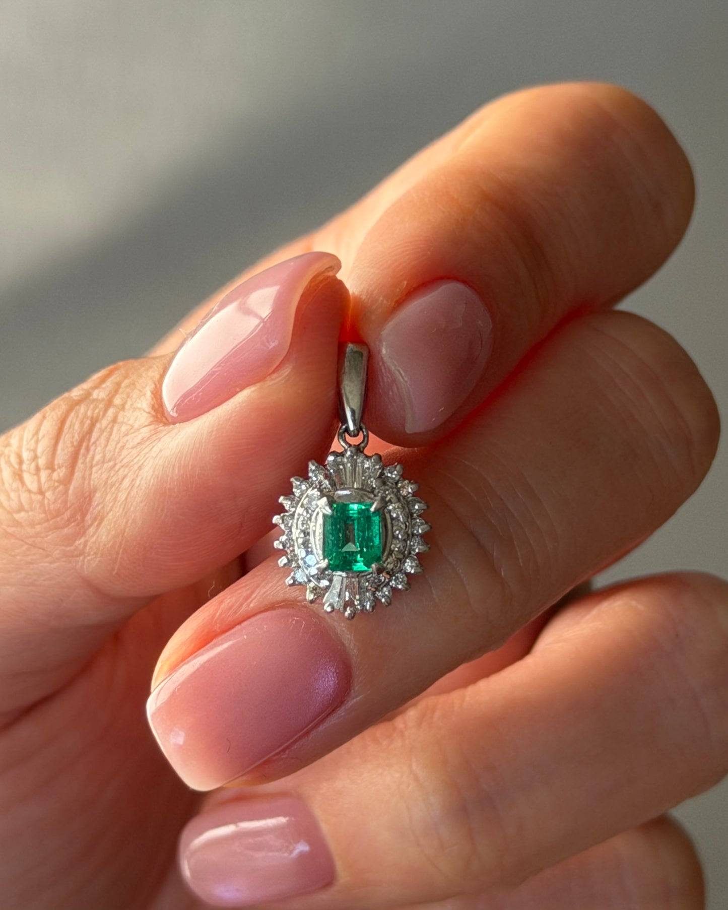 Vintage Platinum Emerald Diamond  Halo Pendant