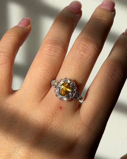 Vintage Platinum Yellow Oval Sapphire Diamond Halo Flower Ring
