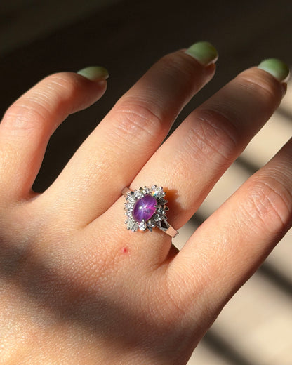 Vintage Platinum Star Sapphire Cabochon Diamond Ballerina Halo Ring
