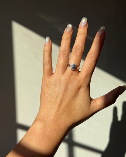 Vintage Platinum Icy Light Blue Oval Sapphire With Diamond Halo Ring