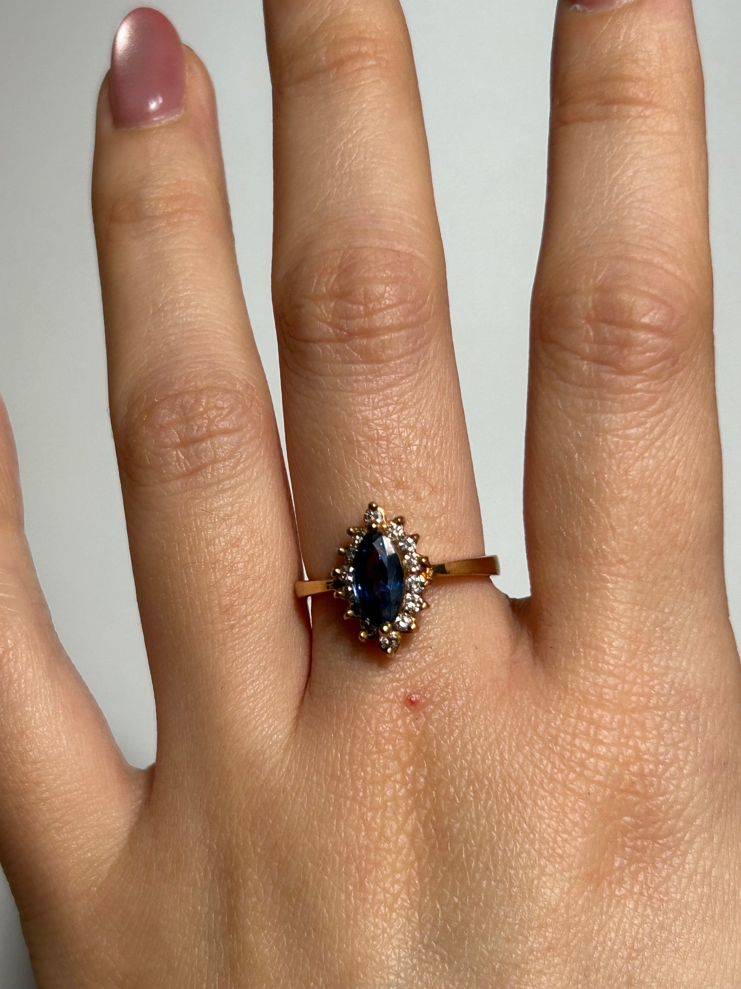 Vintage 18k Sapphire Marquise Diamond Halo Ring