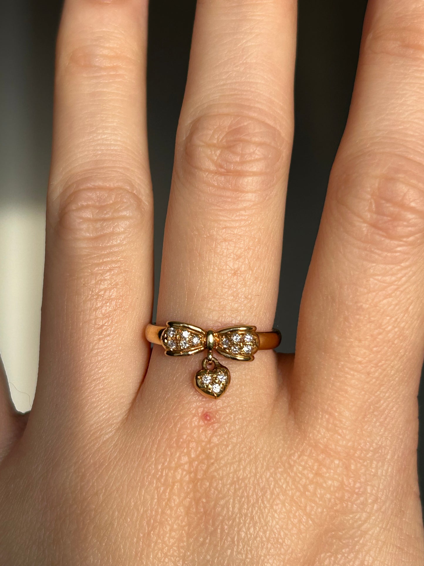 Vintage 18k Gold Diamond Bow Ring with Heart Charm