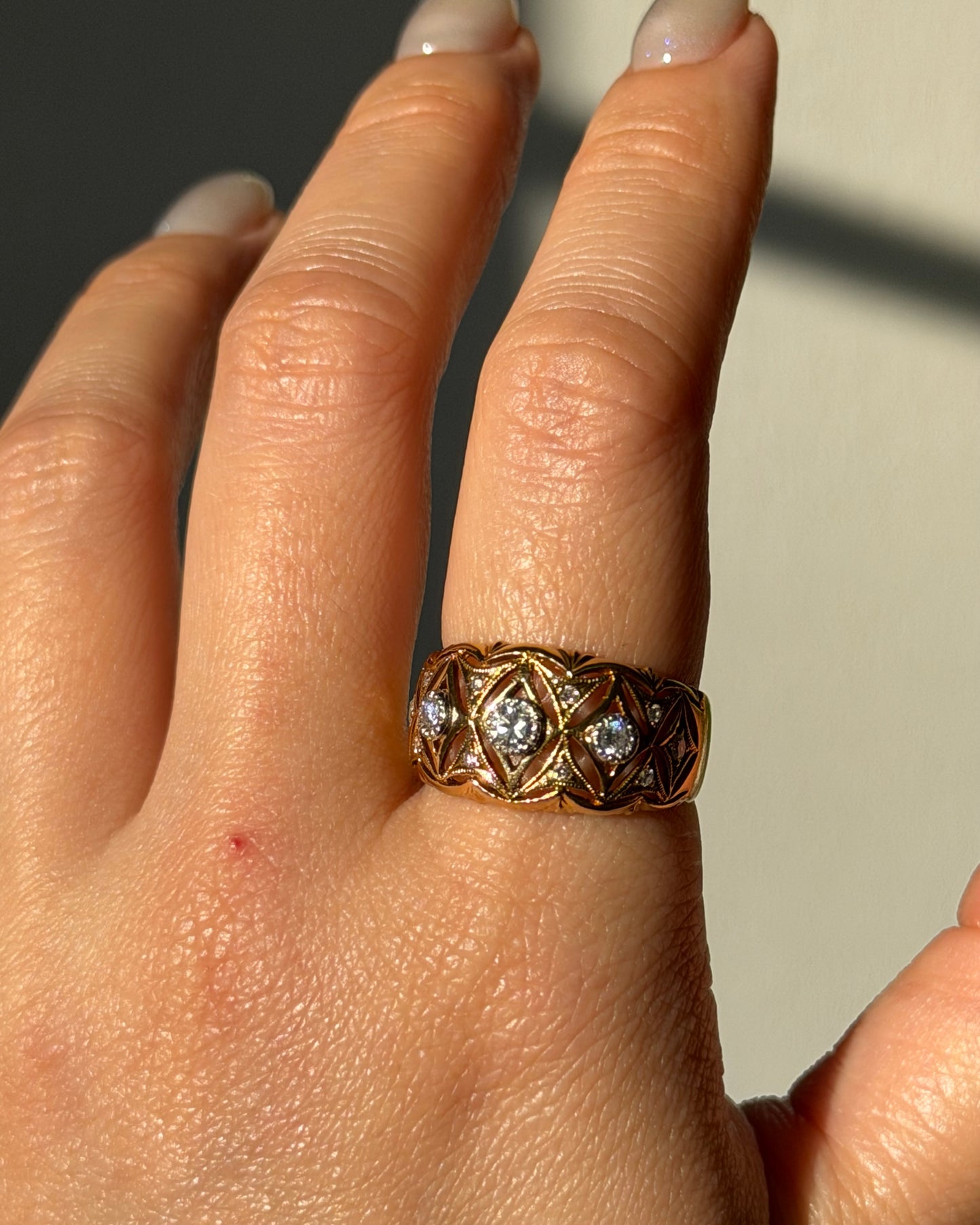 Vintage 18k Gold Open-Work Milgrain Detail Bezel Set Diamond Dome Bombe Ring