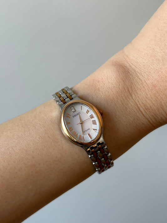 Vintage Seiko Stainless Steel and Rose Gold Plated Watch - Solar Powered