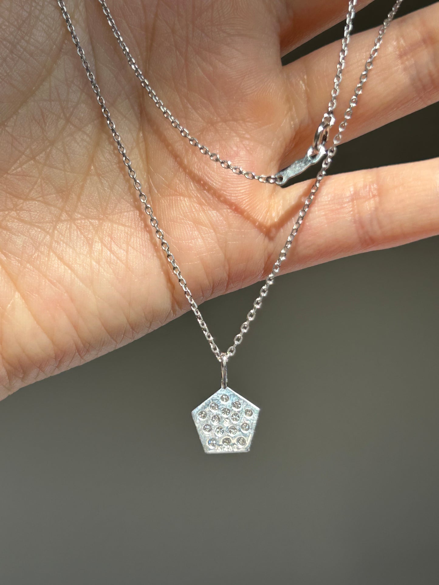 Modern 14k White Gold Geometric Pentagon Pave Diamond Necklace
