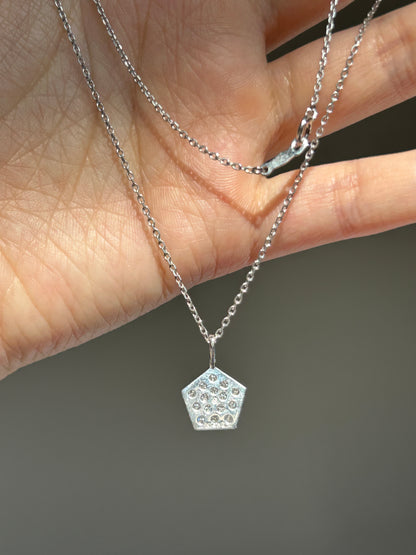 Modern 14k White Gold Geometric Pentagon Pave Diamond Necklace