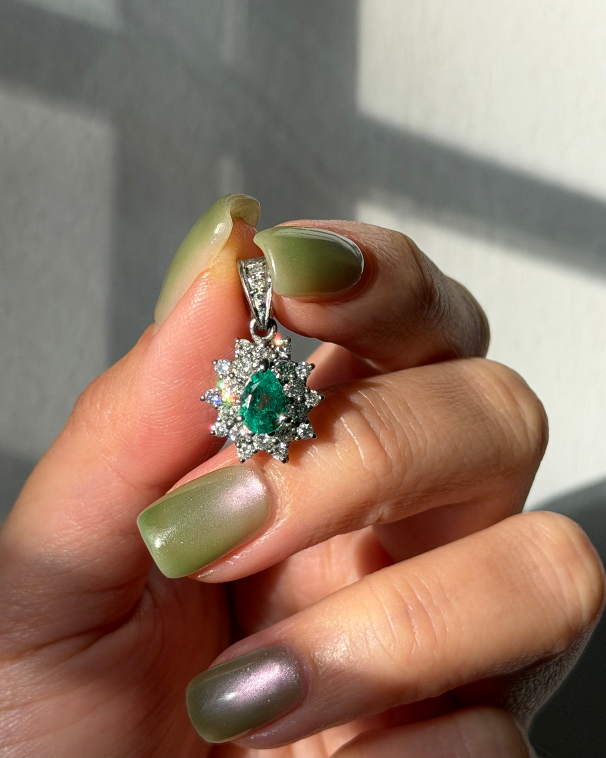 Vintage Platinum Pear Cut Emerald Double Diamond Halo Pendant