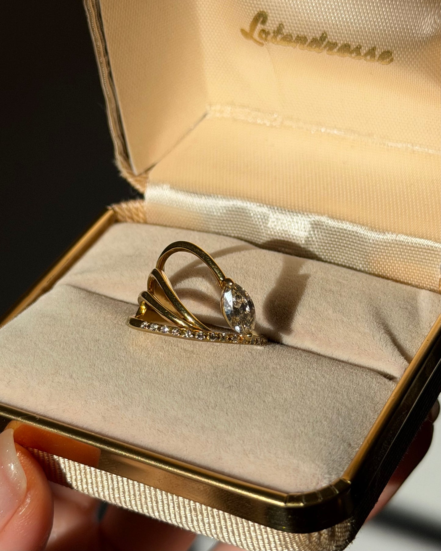 Modern Estate 18k Gold Very Light Brown Marquise Diamond Asymmetric Bypass Ring