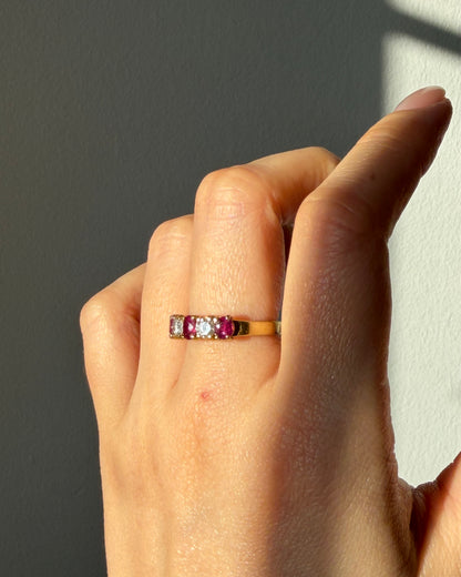 Vintage 18k Oval Ruby and Round Diamond Chunky Band Stackable Ring