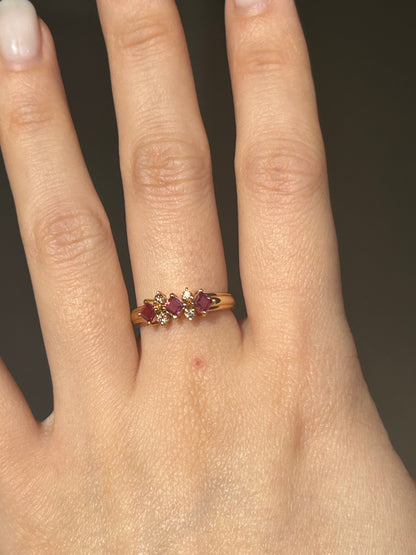 Vintage 18k Gold Square Cut Ruby and Diamond Stacking Ring