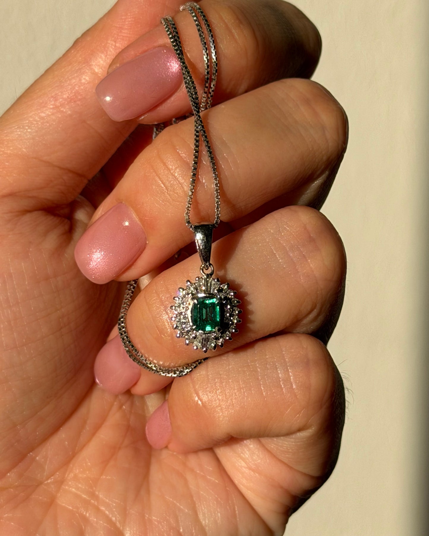 Vintage Platinum Emerald Diamond  Halo Pendant