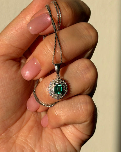 Vintage Platinum Emerald Diamond  Halo Pendant